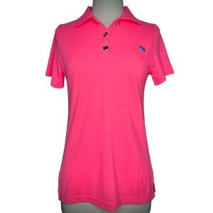 Tracy Negoshian Stretch Neon Pink Polo Shirt Size XS Logo Gold Button Preppy Top